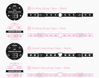 Könnte beinhalten: Pet-Tape, 15 mm breit, in matter Ausführung. Das Bild zeigt vier Varianten: schwarzes und rosa O-Ring-Band und schwarzes und rosa Herzring-Band. Jedes Band hat Metallbeschläge und ist mit "Shocking Pink Rose" beschriftet.