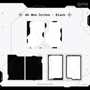 May include: A6 size black screen with a futuristic design. The screen is divided into four sections, each with a different pattern. The text "A6 New Screen - Black" is at the top of the image.