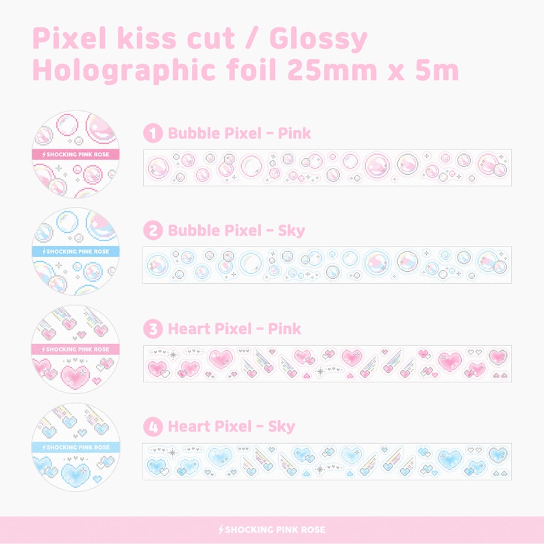 K&ouml;nnte beinhalten: Vier Rollen holografisches Washi-Tape mit pixelartigen Designs. Die Designs sind: Bubble Pixel - Pink, Bubble Pixel - Sky, Heart Pixel - Pink und Heart Pixel - Sky. Jede Rolle ist 25 mm breit und 5 Meter lang.
