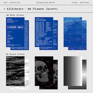 A6 Blue Screen, Black Glitch Planner Inserts  – Unpunched Refill Paper, Journal Supplies