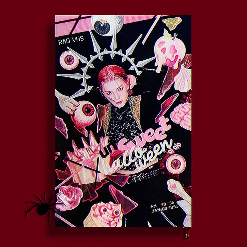 May include: A collage of images with a pink and black color scheme. The center of the collage features a person wearing a black jacket and a white shirt with the text "Sweet Halloween" in pink letters. The collage includes images of eyeballs, candy, and other Halloween-themed imagery.