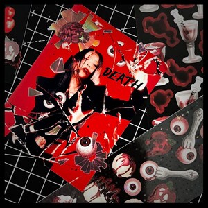 May include: A red and black sticker sheet with a woman's face in the center. The sticker sheet has a cracked glass effect and the word "DEATH" written in white. The sticker sheet is surrounded by other stickers with various designs, including eyes, skulls, and forks.