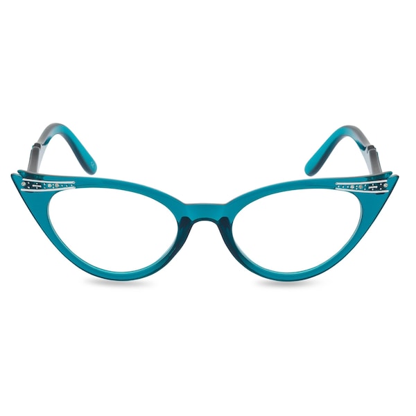 Freche Retro Cat Eye Brille im 50er Jahre Stil mit diamantebesetzter Flügelspitze. Die Brille trägt das Modell 'Betty' in türkis