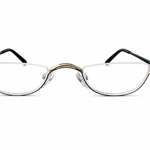 May include: Semi-rimless spectacles featuring clear lenses, a gold-toned metal bridge, and thin black temples. The frame design is characterised by a lower-rimmed structure that leaves the top of the lenses exposed, creating a distinct half-frame look.