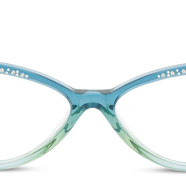 Sassy retro cat eye 50s style glasses with diamante studded wing tip. Ready for your prescription lenses, 'Marilyn' in aqua blue