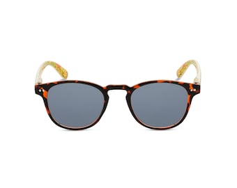 William Morris square retro unisex tortoiseshell sunglasses with Golden Lily print arms