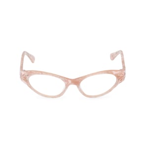 May include: Pink cat-eye glasses with clear lenses and gold accents.