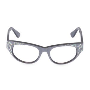 Modified cat eye glasses 'AURORA' in Silver; Bold, Stunning, Swarovski crystal trim Rx-able, readers or sunglasses. Quotes on bespoke lens