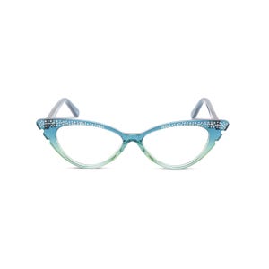 Sassy retro cat eye 50s style glasses with diamante studded wing tip. Ready for your prescription lenses, &#39;Marilyn&#39; in aqua blue