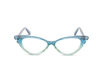 Aqua Blue Cat Eye Glasses: 50s Retro Style Diamante 'Marilyn' Frames