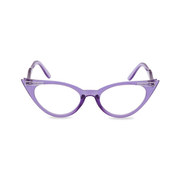Sassy retro cat eye 50s style reading glasses with diamante studded tips. Ready for your prescription lenses, 'Betty' in violet