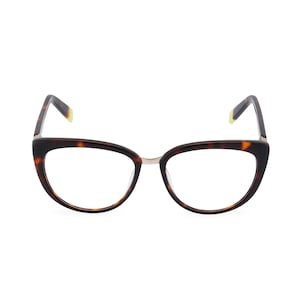 Op de afbeelding: Schildpad-kattenoogbril met gouden metalen accenten en heldere glazen.