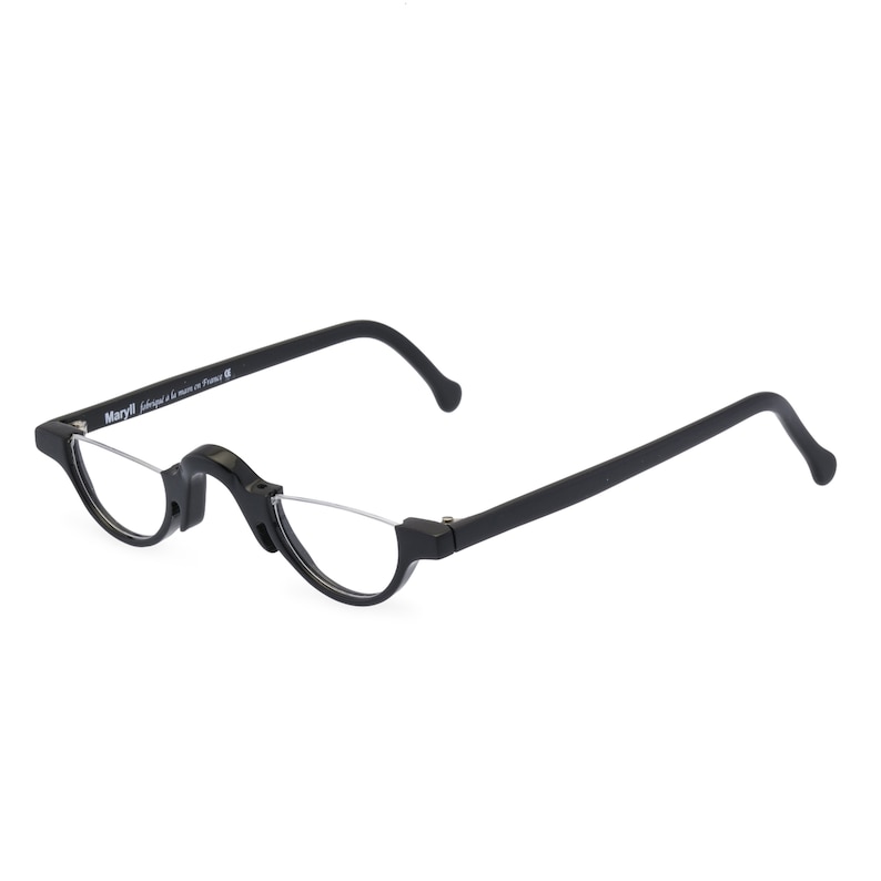 1930s Glasses and Sunglasses History Half moon Jazz glasses frame. Repro 1920s 30s style handmade in black acetate. Ready for prescription lenses $141.55 AT vintagedancer.com