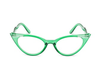 Sassy retro cat eye 50s style glasses with diamante studded wing tip. Ready for your prescription lenses, 'Betty' in emerald green