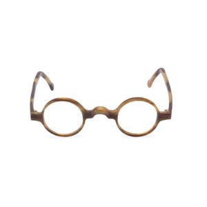May include: A pair of round tortoiseshell eyeglasses with clear lenses.