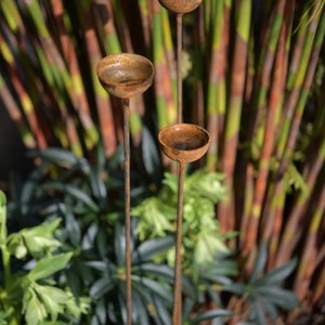 May include: Three rusty metal garden stakes with round, bowl-shaped tops. The stakes are placed in front of a background of green and brown bamboo.