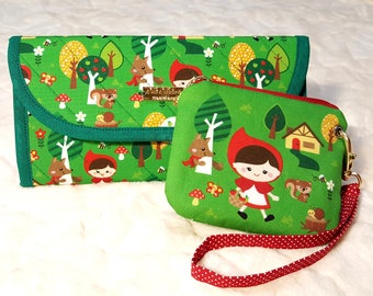 Set of Wallet and Coin Pouch made of Cotton, with Little red riding hood print - Set of Wristlet Clutch Wallet and Coin Purse