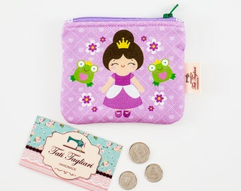 Zippered Small Pouch for Coins and Cards - Tiny Bag for Earbuds with Princess Kawaii style print