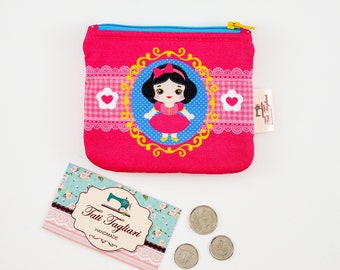 Zippered Small Pouch for Coins and Cards - Tiny Bag for Earbuds with Snow White Princess Kawaii style print