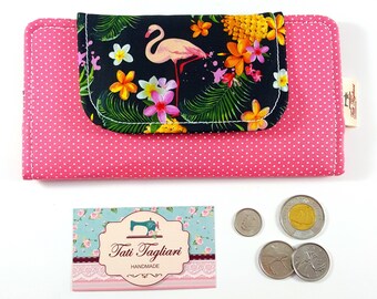 Slimline Wallet super thin but spacious with 2 zippered pockets, 6 card slots and 2 bill slip pockets - Fabric clutch wallet and magnet snap