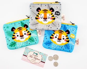 Zippered Small Pouch for Coins and Cards - Tiny Bag for Earbuds with Tiger print