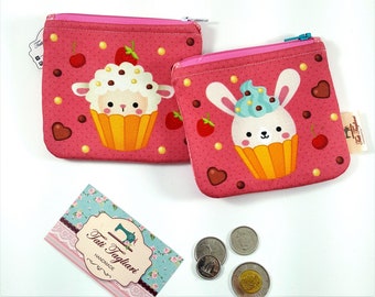 Zippered Small Pouch for Coins and Cards - Tiny Bag for Earbuds with the Bunny or Sheep cupcake print kawaii style