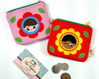 Zippered Small Pouch for Coins and Cards - Tiny Bag for Earbuds with the Flower girl print