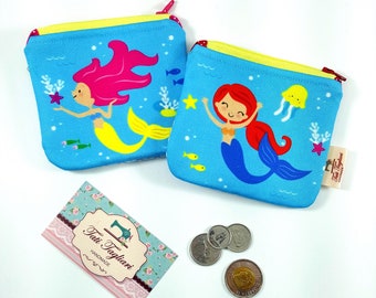 Zippered Small Pouch for Coins and Cards - Tiny Bag for Earbuds with Mermaids print