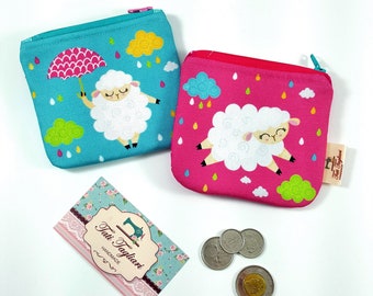 Zippered Small Pouch for Coins and Cards - Tiny Bag for Earbuds with Sheep in the rain print