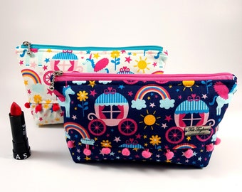 Trapezium Toiletry Bag for Cosmetic or Makeup made of Fabric - Zippered Pouch for Travel Organizing with Cinderella carriage Print