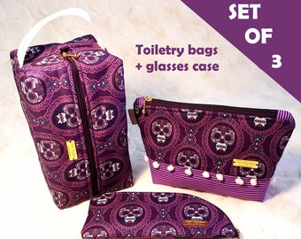 Toiletry Bags sold as set or separate with Box Bag, Medium Bag, and Glasses Case - Women's Cosmetic Storage with skulls print for Travel