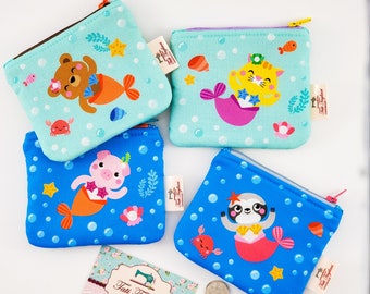 Zippered Small Pouch for Coins and Cards - Tiny Bag for Earbuds with Mermaid print Kawaii style - Cat, Bear, Pig, and Sloth