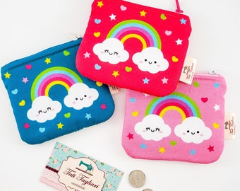 Zippered Small Pouch for Coins and Cards - Tiny Bag for Earbuds with Rainbow Kawaii print