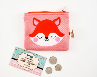 Zippered Small Pouch for Coins and Cards - Tiny Bag for Earbuds with Fox Kawaii style print