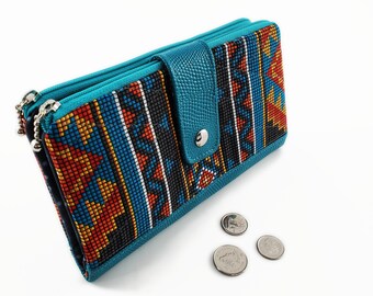 Clutch Wallet with 2 zippered pockets, 6 card slots, and 2 bill slip pockets made of Vegan Leather and Cotton - Ethnic print