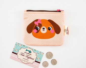 Zippered Small Pouch for Coins and Cards - Tiny Bag for Earbuds with Dog Kawaii style print