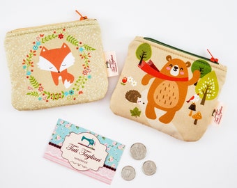 Zippered Small Pouch for Coins and Cards - Tiny Bag for Earbuds with Fox or Bear Kawaii print