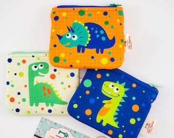 Zippered Small Pouch for Coins and Cards - Tiny Bag for Earbuds with Dinosaur Kawaii style print