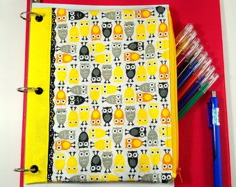 Pencil Pouch for 3 ring Binders - Yellow Owls Binder Inserts size letter - Organizer for Binders or Planner