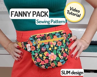 May include: A floral fanny pack with a yellow zipper and strap is worn around the waist. The pack has a black background with colorful flowers. The text "FANNY PACK Sewing Pattern" is displayed above the pack. The text "SLIM design" is displayed below the pack.