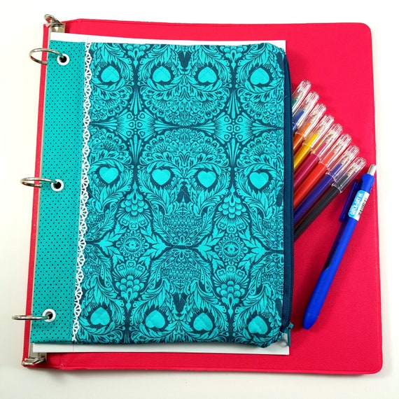 Pencil Pouch for 3 Ring Binders Sugar Skull Binder Insert in Green