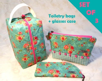 Toiletry Bags sold as set or separate with Box Bag, Medium Bag, and Glasses Case - Women's Cosmetic Storage with flowers print for Travel