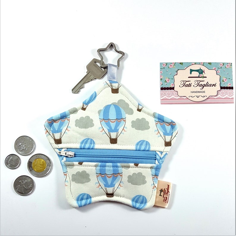 Star-shaped Pouch with Key Ring and Zipper for Coins or Cards Small Purse for Earphone or Earbuds with Balloons print image 6