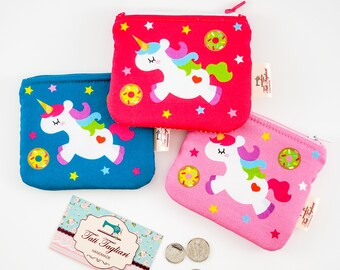 Zippered Small Pouch for Coins and Cards - Tiny Bag for Earbuds with Unicorn Kawaii print