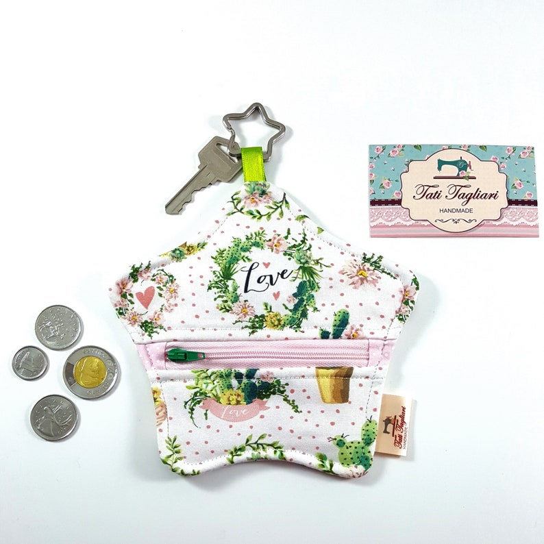 Star-shaped Pouch with Key Ring and Zipper for Coins or Cards Small Purse for Earphone or Earbuds with Cacti and Flowers print image 1