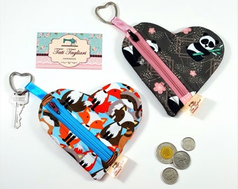 Heart Shaped Coin Pouch with Key Ring and Zipper - Small Purse for Change, Cards, or Earbuds - Fox or Panda print