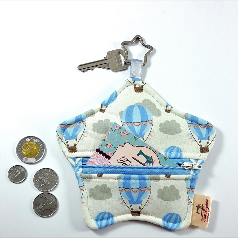 Star-shaped Pouch with Key Ring and Zipper for Coins or Cards Small Purse for Earphone or Earbuds with Balloons print image 7