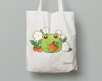 Strawberry Froggy Canvas Tote Bag / Eco Friendly Bag / Reusable / Frog Gift / Cute / Cottagecore / Woodland / Fairycore / Kawaii