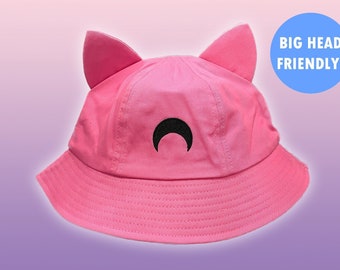 Moon Kitty Pink Bucket Hat / Anime Inspired / Cat Ear Hat / Kawaii / Magical Girl / Sailor Guardian / Big Head Friendly / Oversized