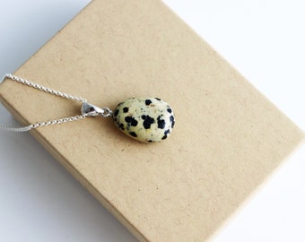 127e) Dalmatian Stone Crystal Necklace Pendant + Silver Chain